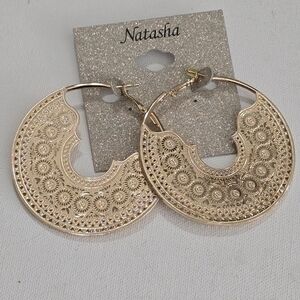 Natasha Gold Tone Huge Large Filigree Hoop Earrings New!!